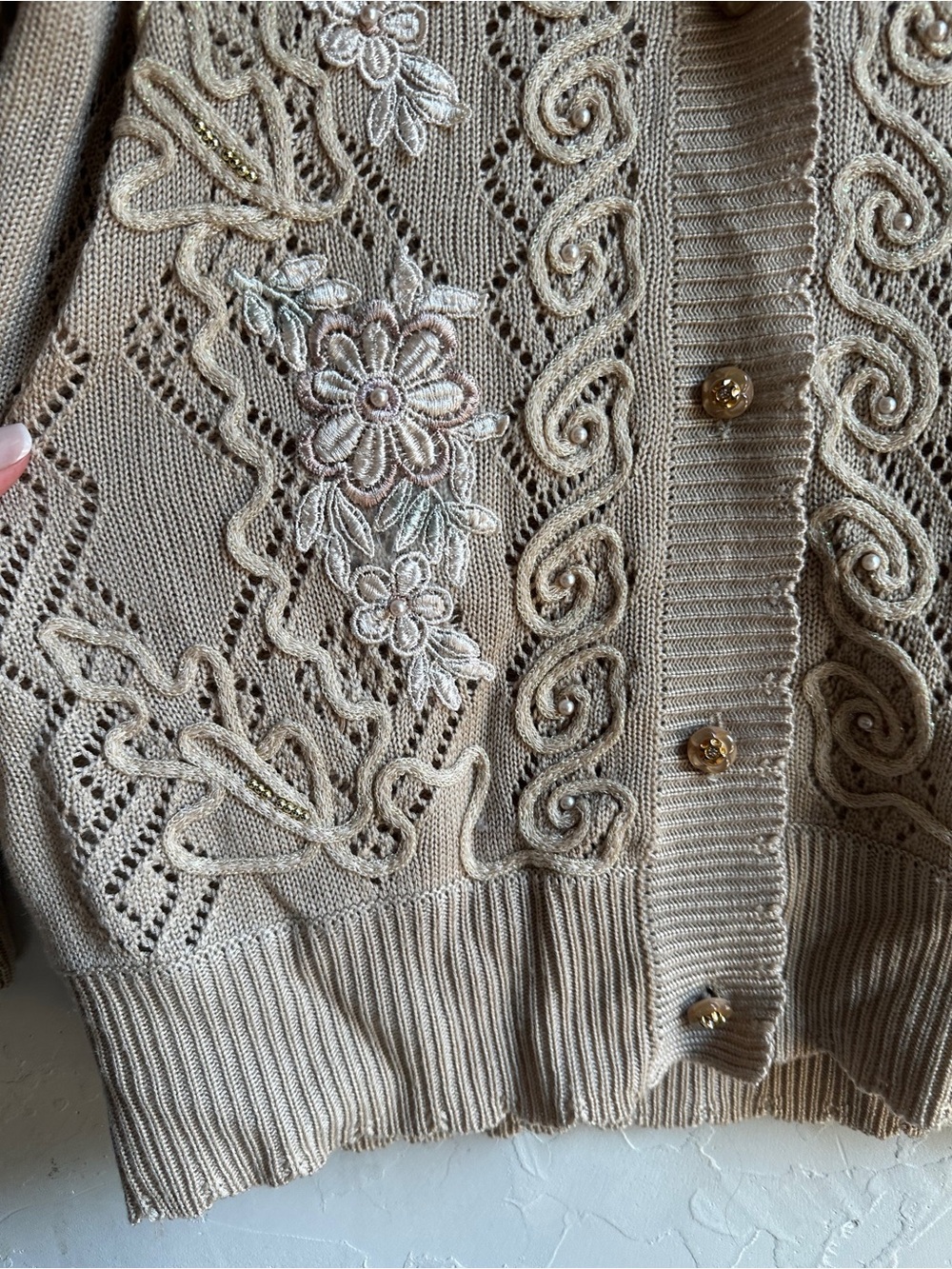 Vintage Embroidered Floral Lace Knit Cardigan Sweater Cottagecore Romantic - Picture 5 of 10